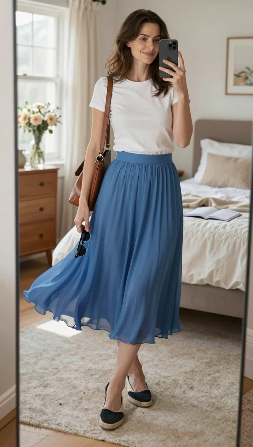 White Cotton T-Shirt + Blue Chiffon Midi Skirt + Tan Leather Crossbody Bag + Two-Tone Espadrille Wedges