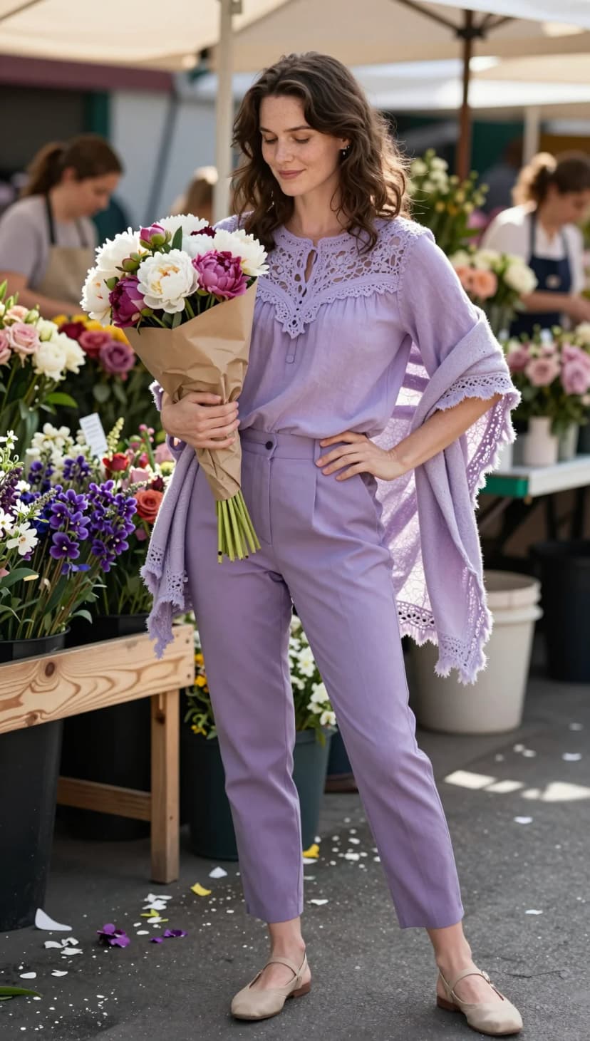 Lavender Lace Blouse + Lavender Cropped Trousers + Knit Shawl + Beige Loafers