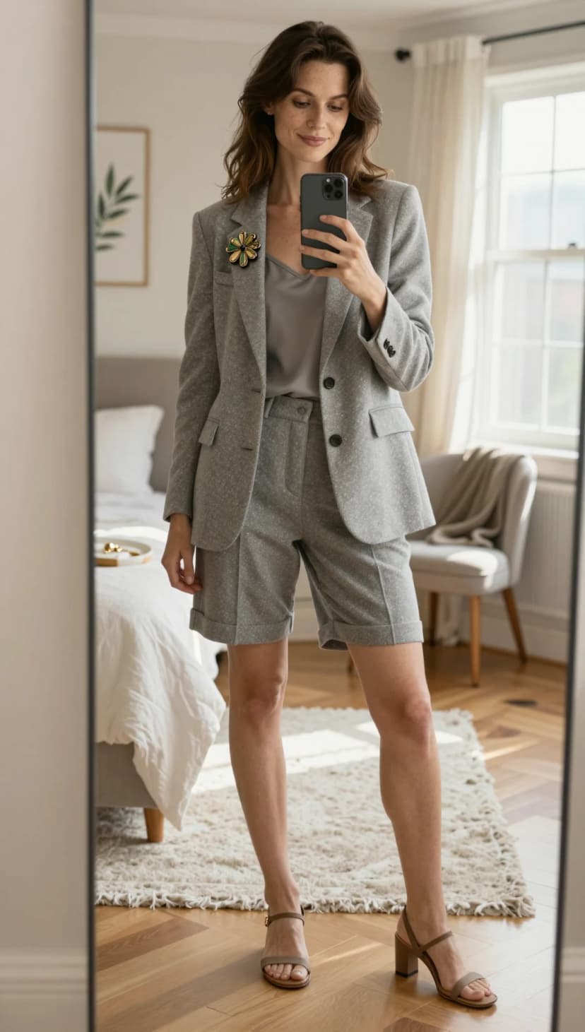 Grey Tweed Blazer + Grey Silk Cami + Tweed Shorts + Taupe Heels