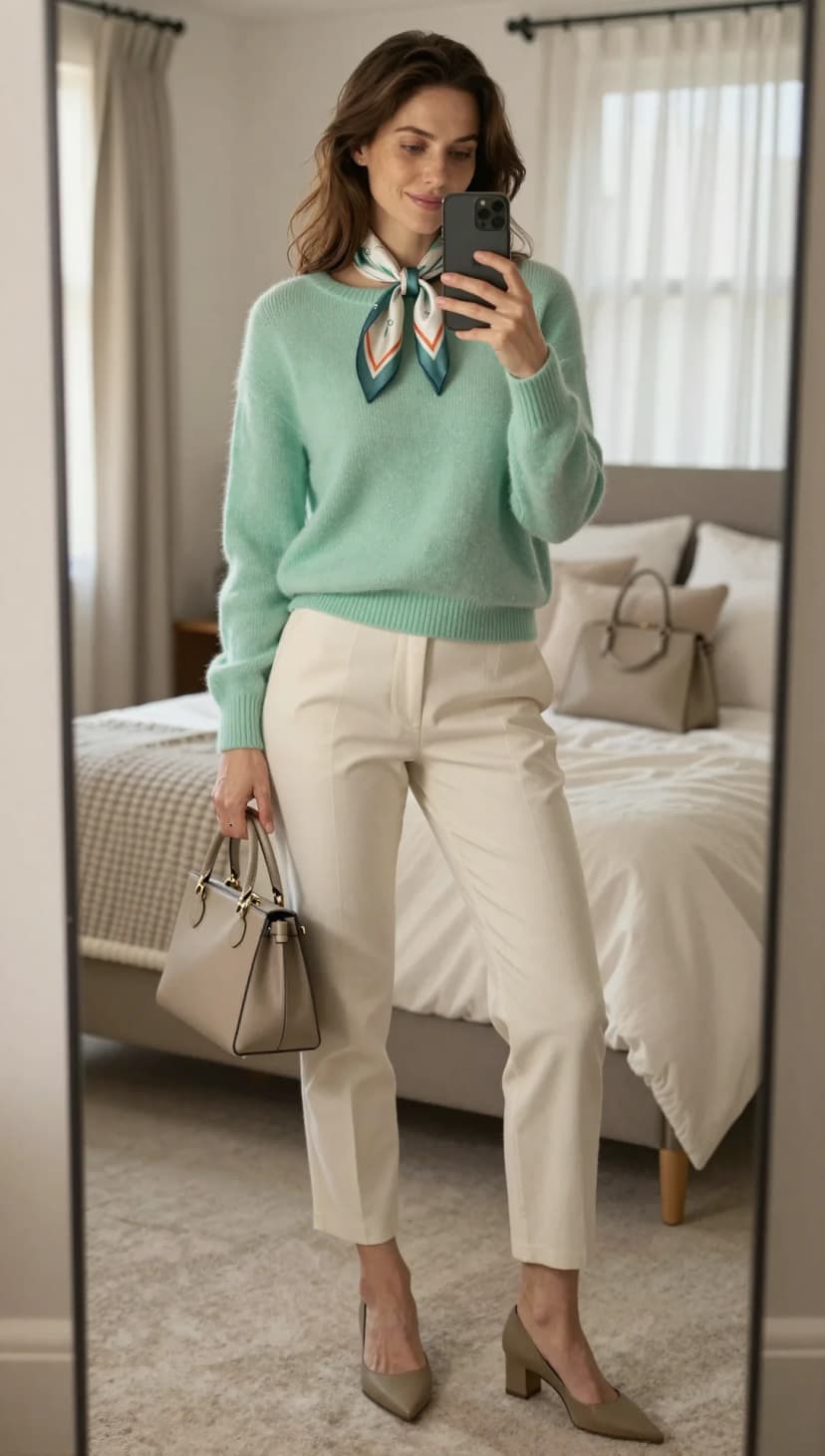 Mint Angora Sweater + Cream Straight-Leg Trousers + Taupe Pumps