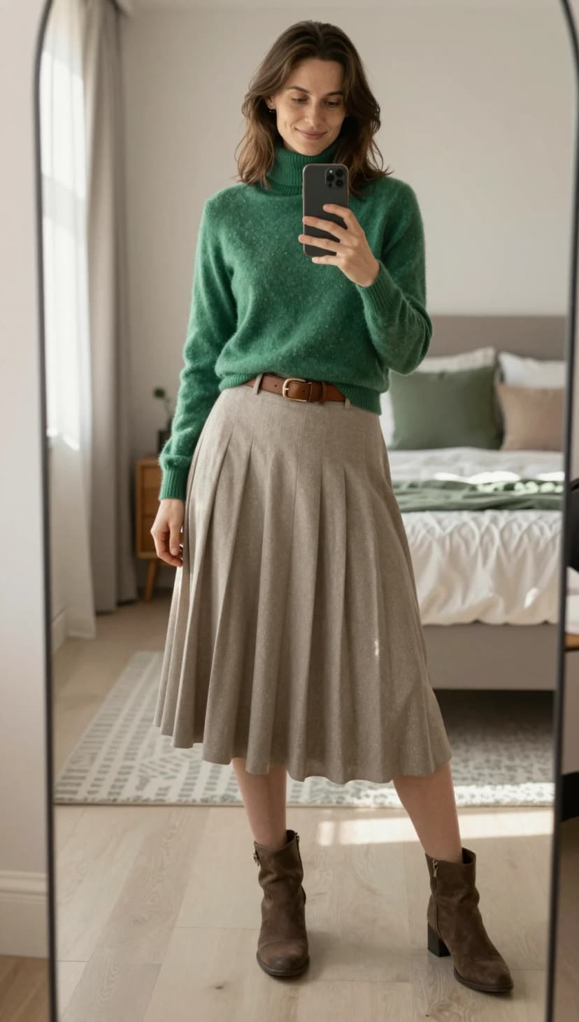 Green Wool Turtleneck + Taupe Pleated Skirt + Brown Suede Ankle Boots