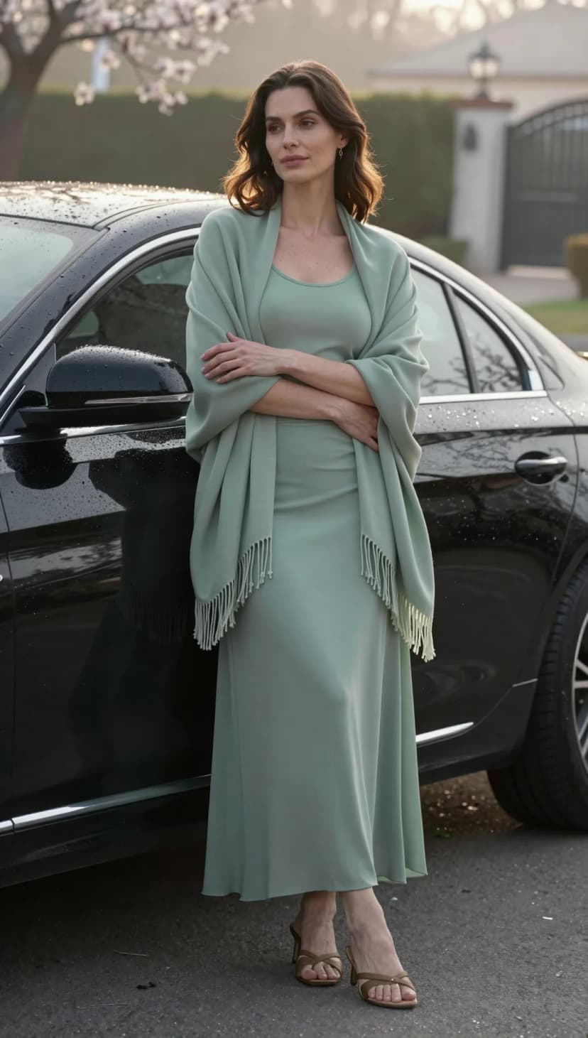 Seafoam Jersey Maxi Dress + Seafoam Fringed Shawl + Taupe Heels