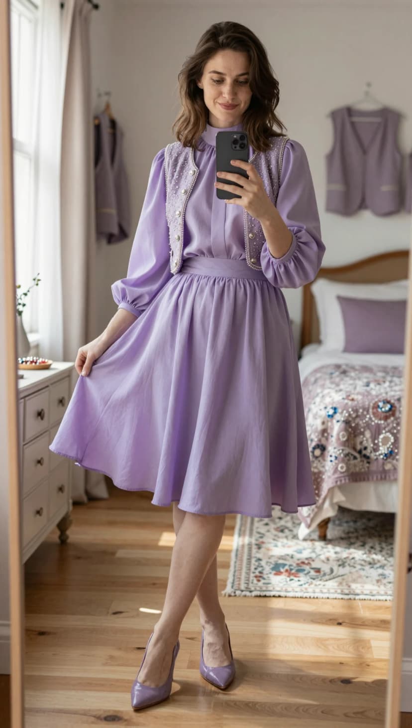 Lilac Linen Dress + Pearl-Embellished Vest + Lilac Pumps