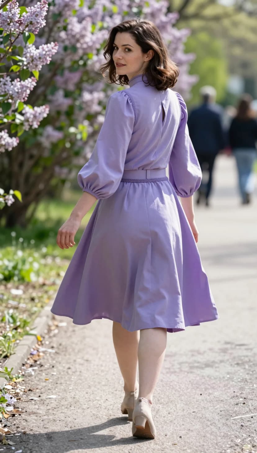Lilac Linen Dress + Pearl-Embellished Vest + Lilac Pumps