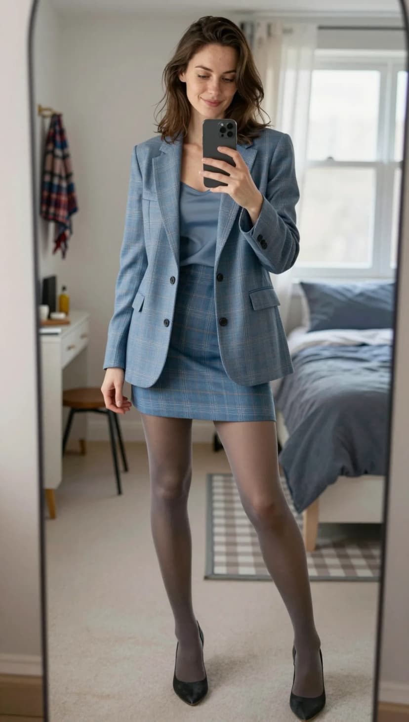 Blue Plaid Mini Dress + Matching Blazer + Black Heels