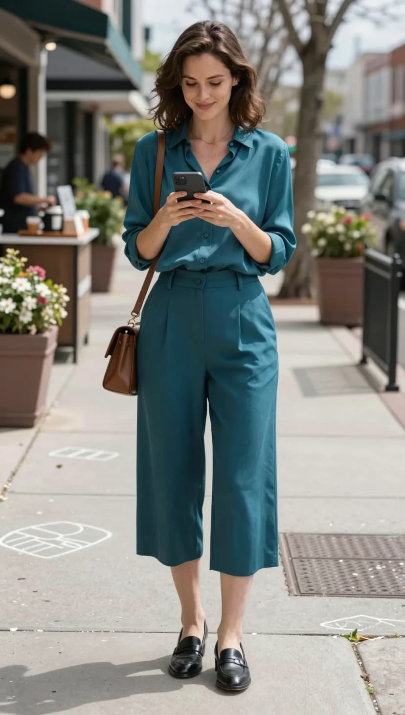 Teal Silk Button-Up + Teal Cropped Trousers + Black Loafers