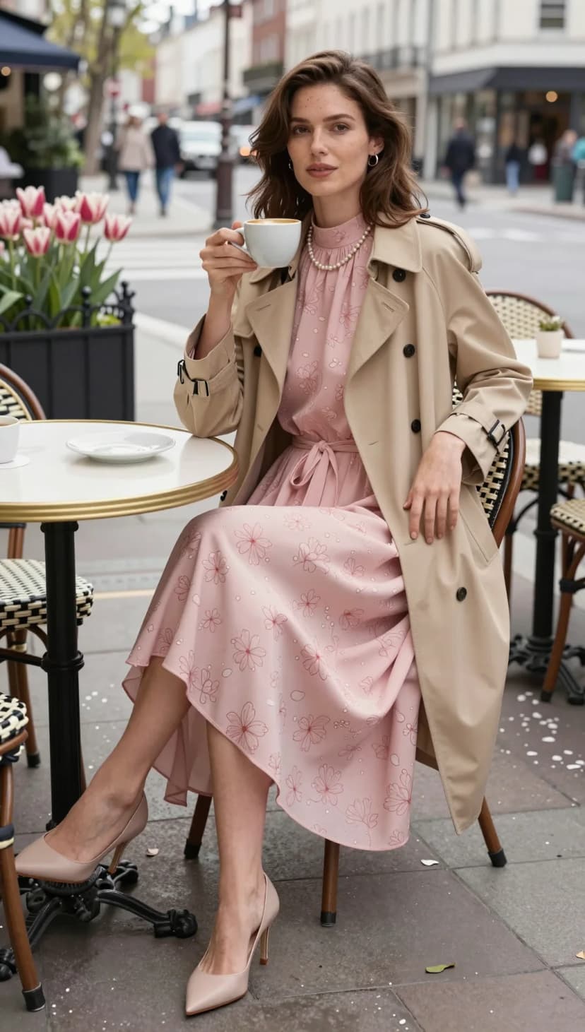 Pink Floral Chiffon Dress + Beige Trench Coat + Nude Leather Heels