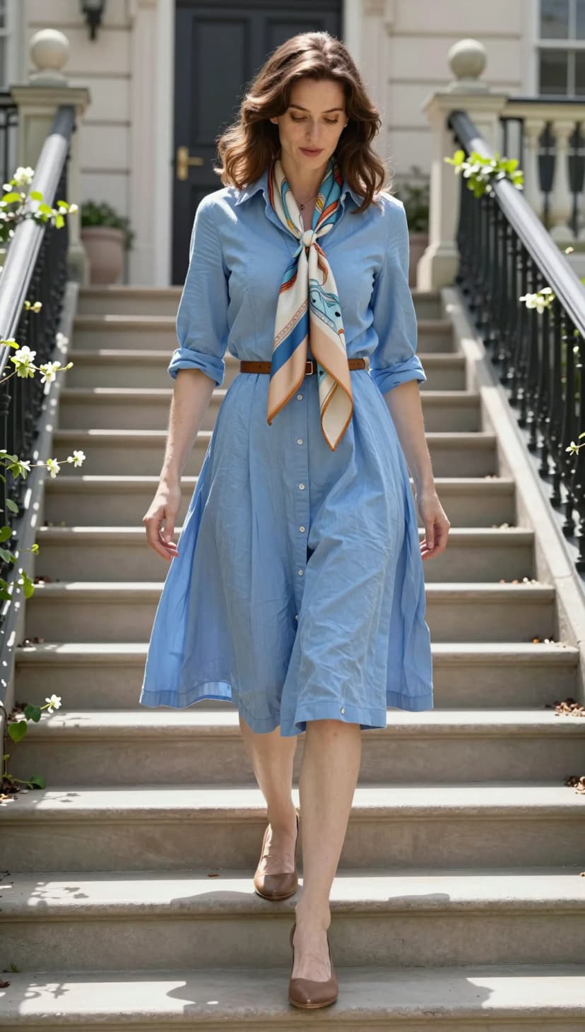 Blue Cotton Shirtdress + Silk Scarf + Cognac Belt + Brown Pumps