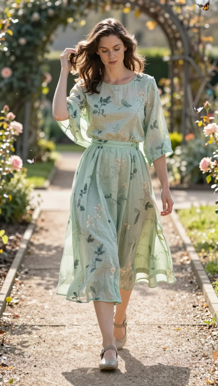 Mint Floral Midi Dress + Taupe Mary Janes