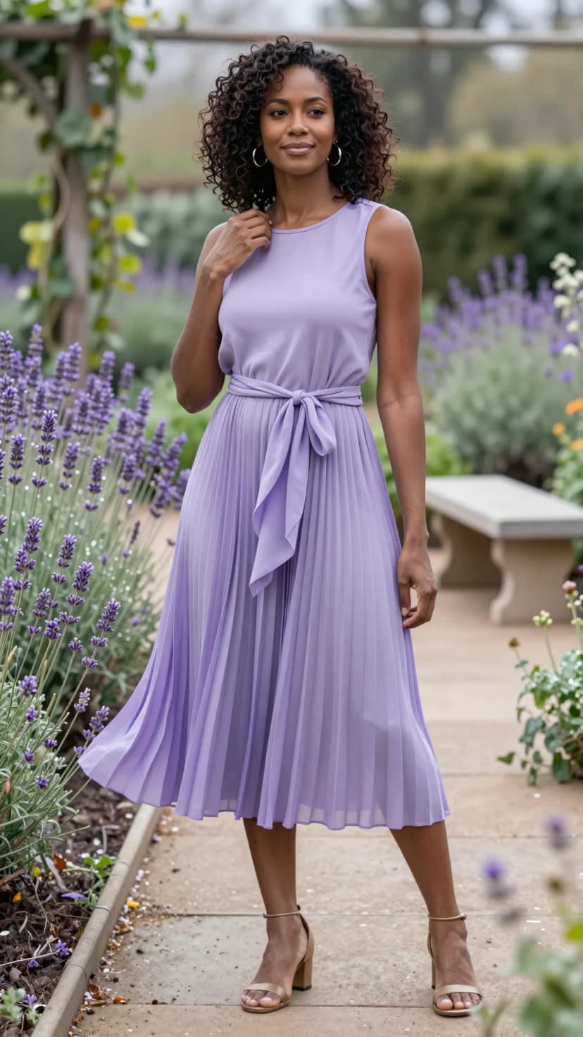Lilac Chiffon Pleated Dress + Nude Strappy Heels