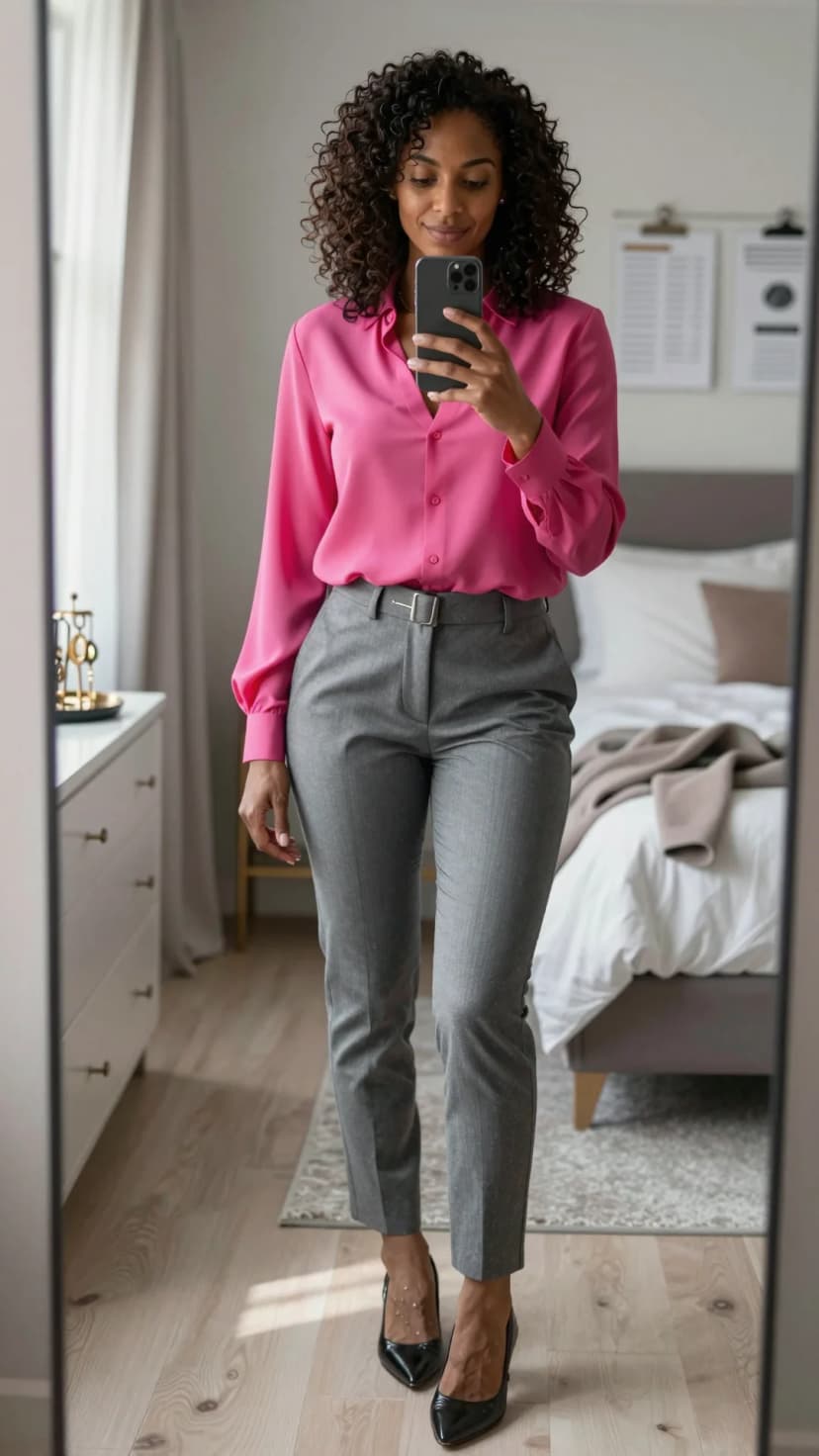 Pink Silk Blouse + Grey Pinstripe Trousers + Black Patent Heels