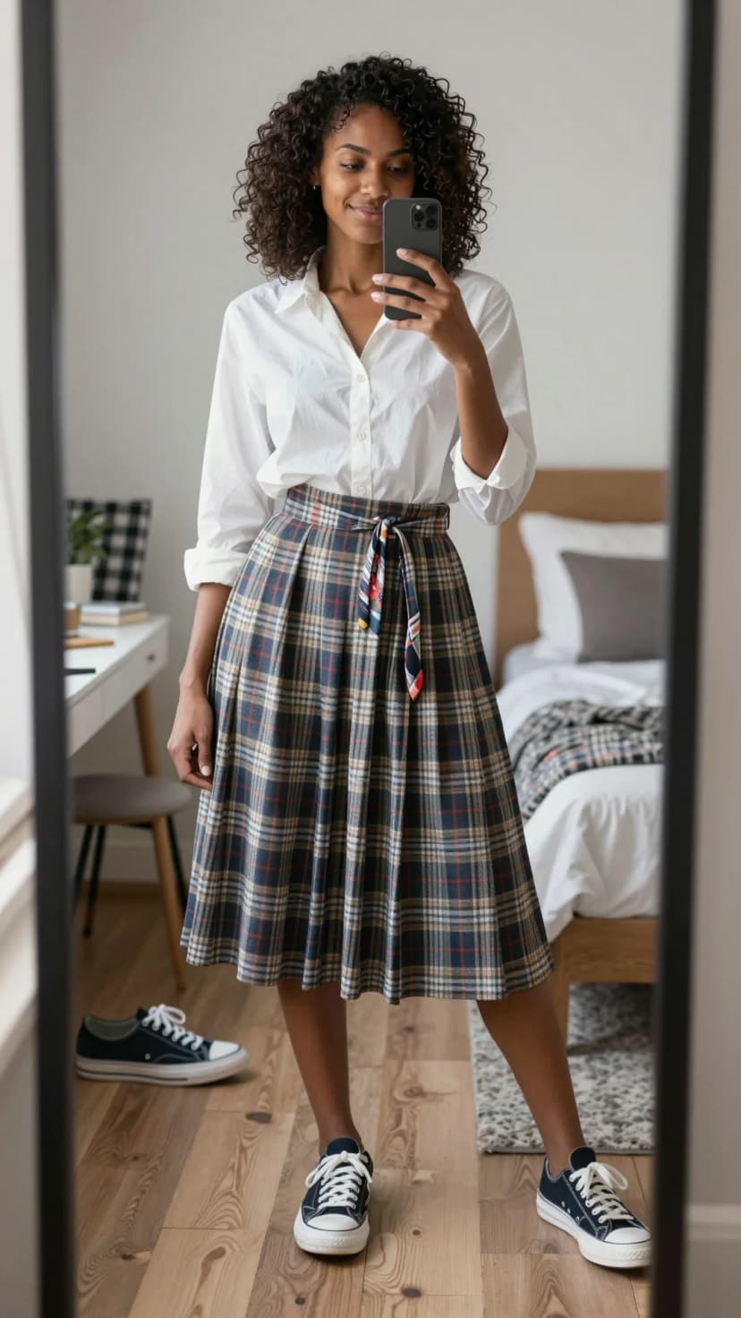 White Button-Down Shirt + Plaid Midi Skirt + Navy Canvas Sneakers