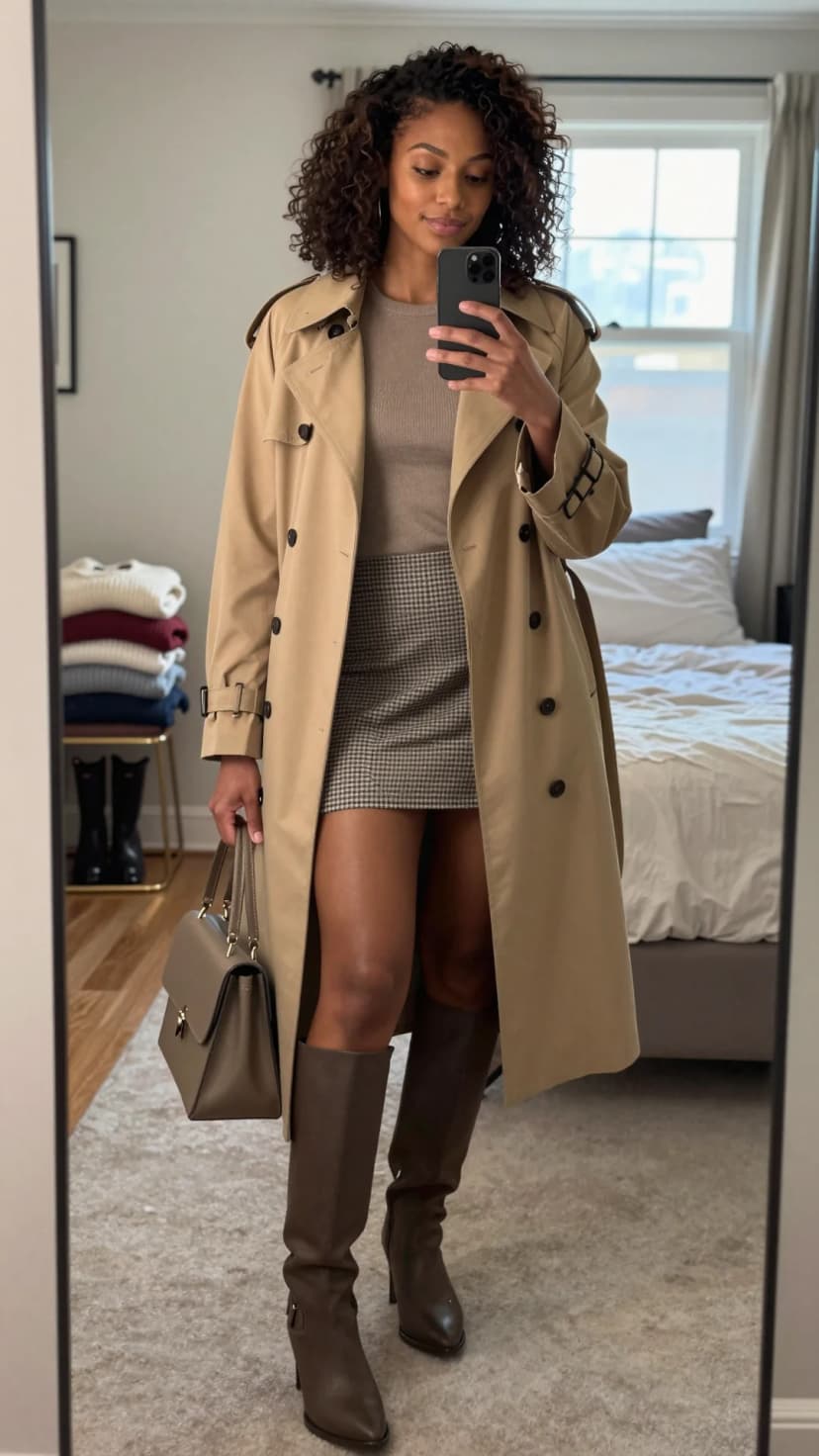 Beige Trench Coat + Taupe Ribbed Knit Top + Grey Plaid Mini Skirt + Brown Leather Knee-High Boots + Taupe Leather Satchel Bag