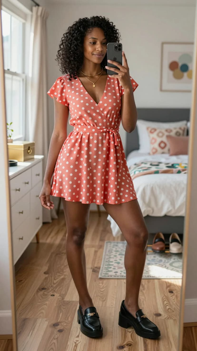 Coral Polka Dot Wrap Dress + Black Chunky Loafers