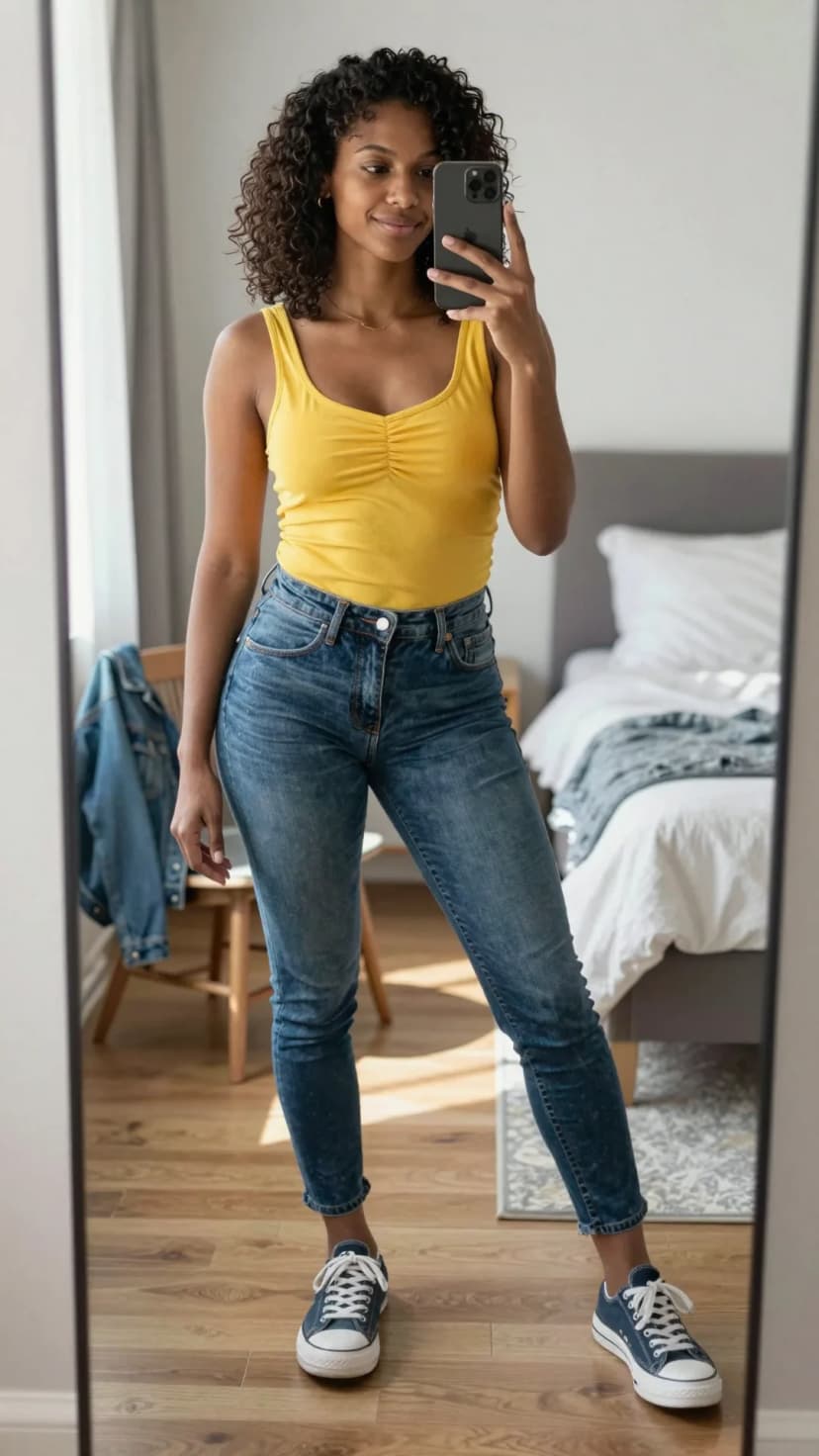 Yellow Ruched Tank Top + Blue Wash Skinny Jeans + Navy Canvas Sneakers