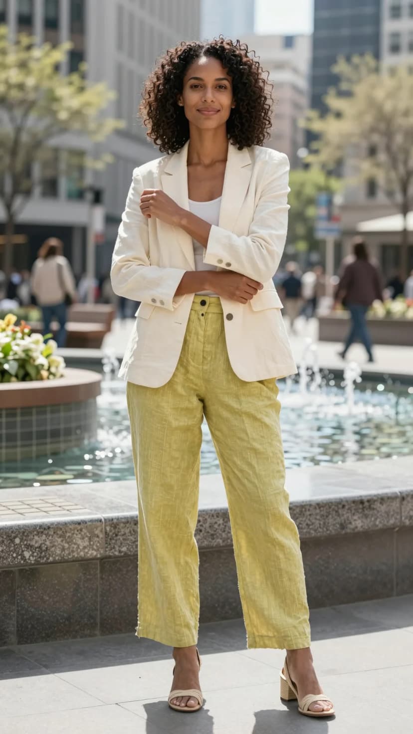 Cream Linen Blazer + Chartreuse Textured Trousers + Tan Strappy Heels