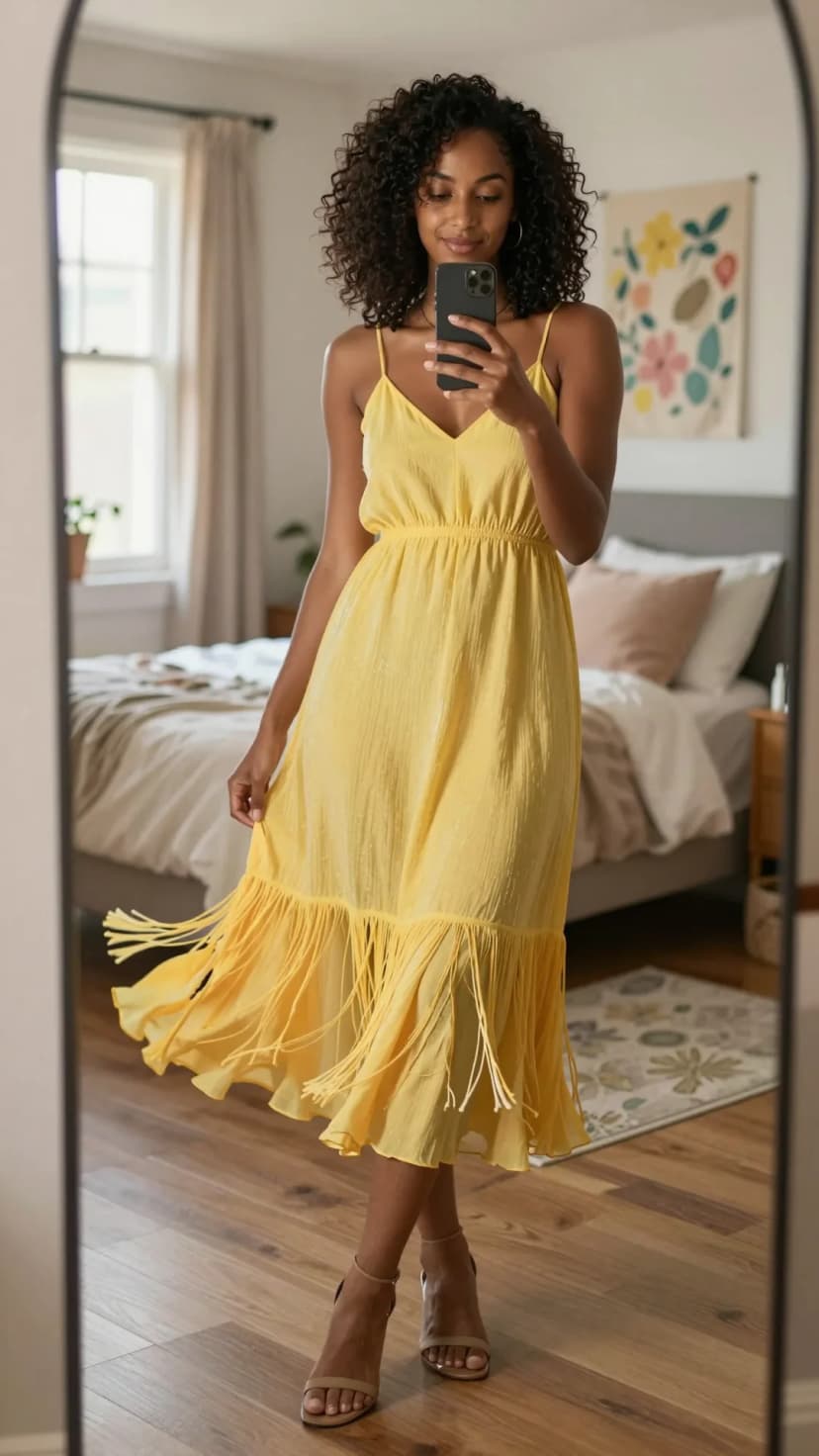 Yellow Crinkled Gauze Midi Dress + Tan Strappy Heels