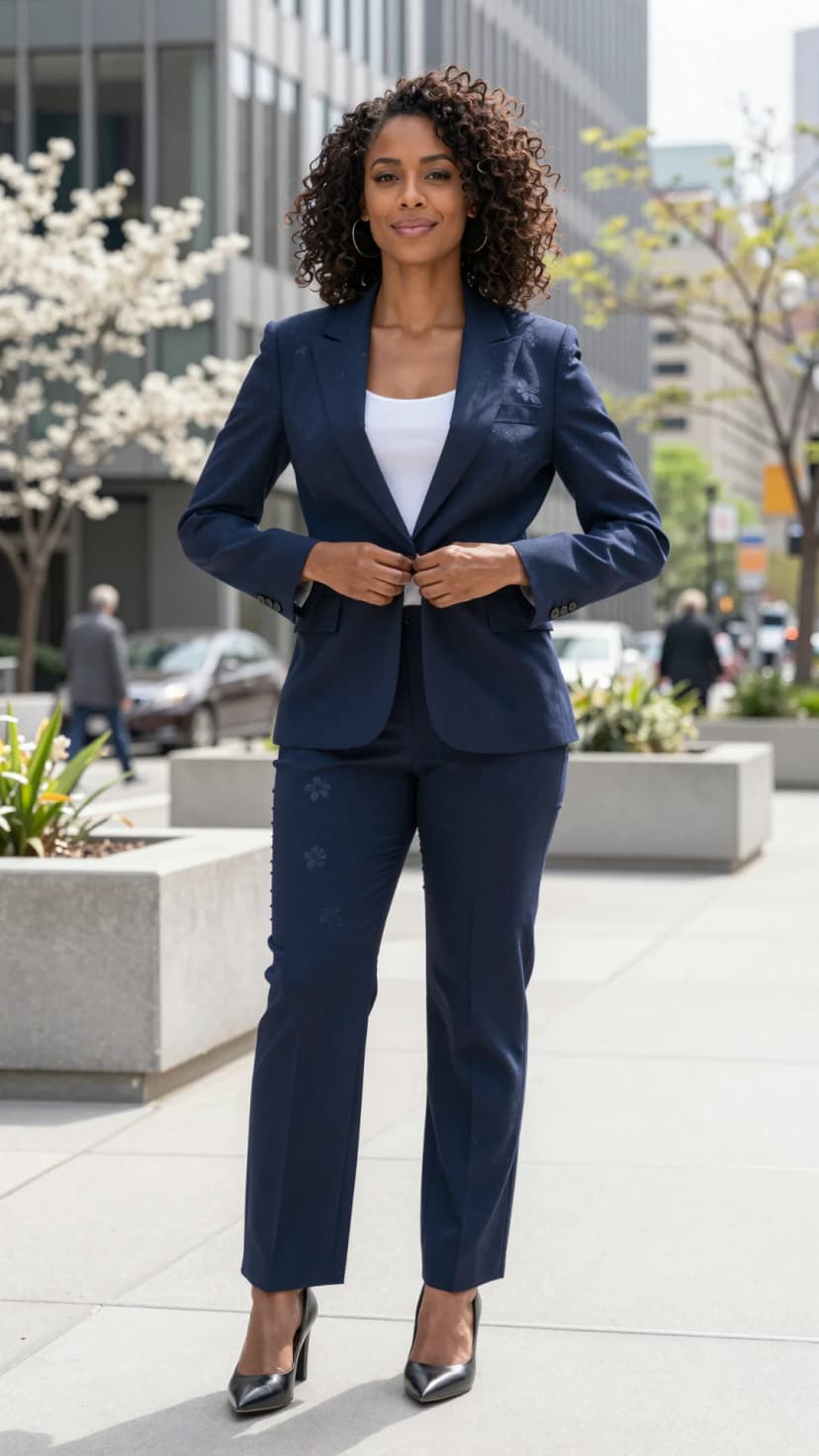 Navy Embroidered Blazer + White Tank Top + Navy Embroidered Trousers + Black Pointed-Toe Heels