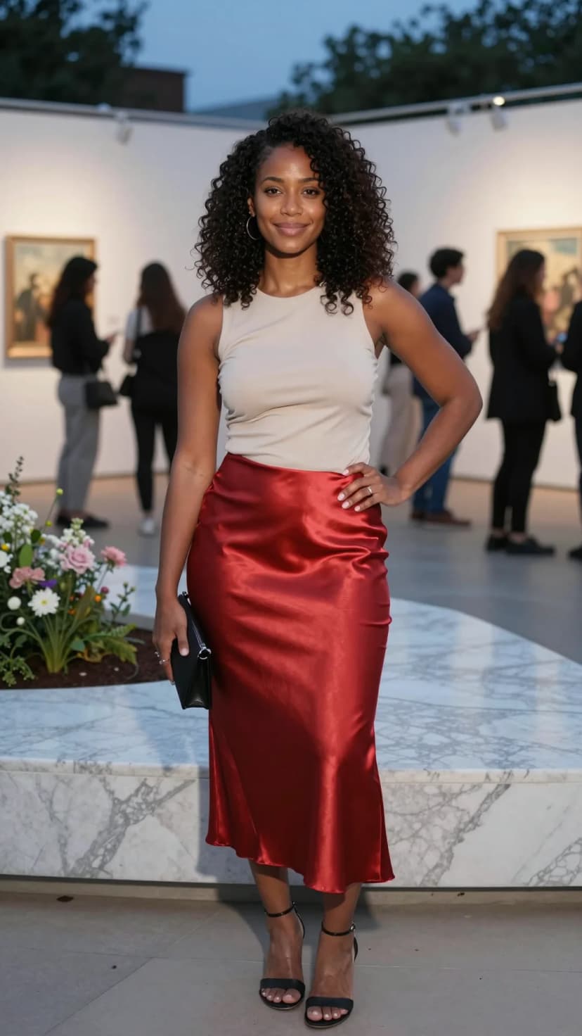 Beige Ribbed Tank Top + Red Satin Midi Skirt + Black Strappy Sandals