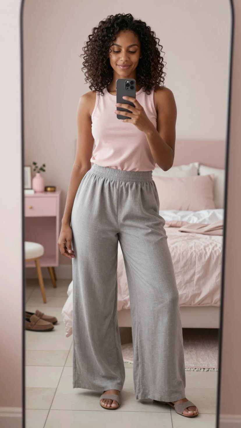 Pink Tank Top + Grey Linen Wide-Leg Pants + Grey Slides