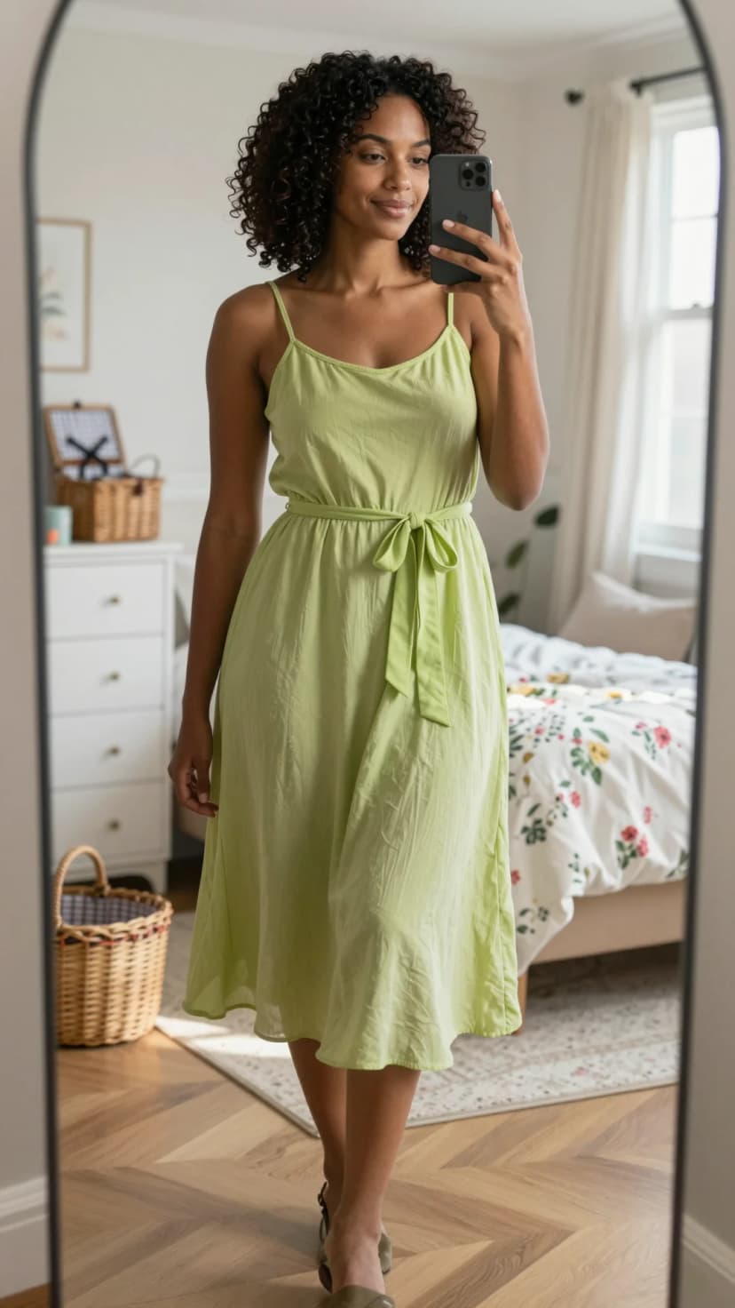 Lime Cotton Slip Dress + Olive Block Heel Sandals