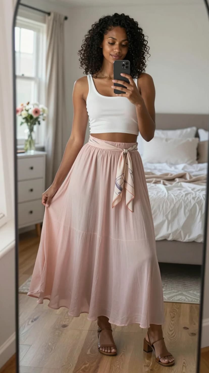 White Ribbed Tank Crop + Pink Tiered Chiffon Maxi Skirt + Brown Leather Block Heels