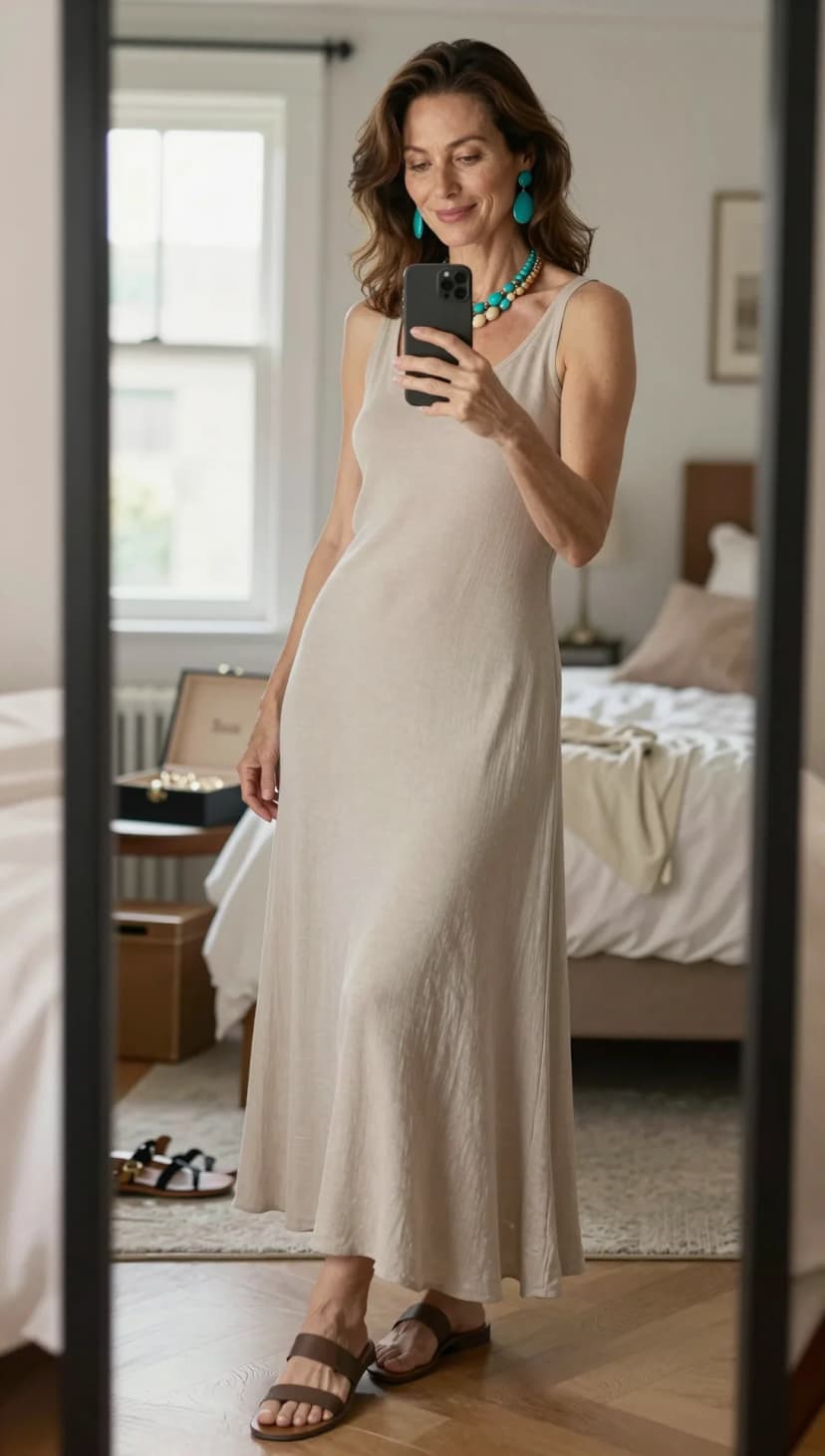 Beige Linen Maxi Dress + Brown Leather Slides + Turquoise Beaded Necklace + Turquoise Teardrop Earrings