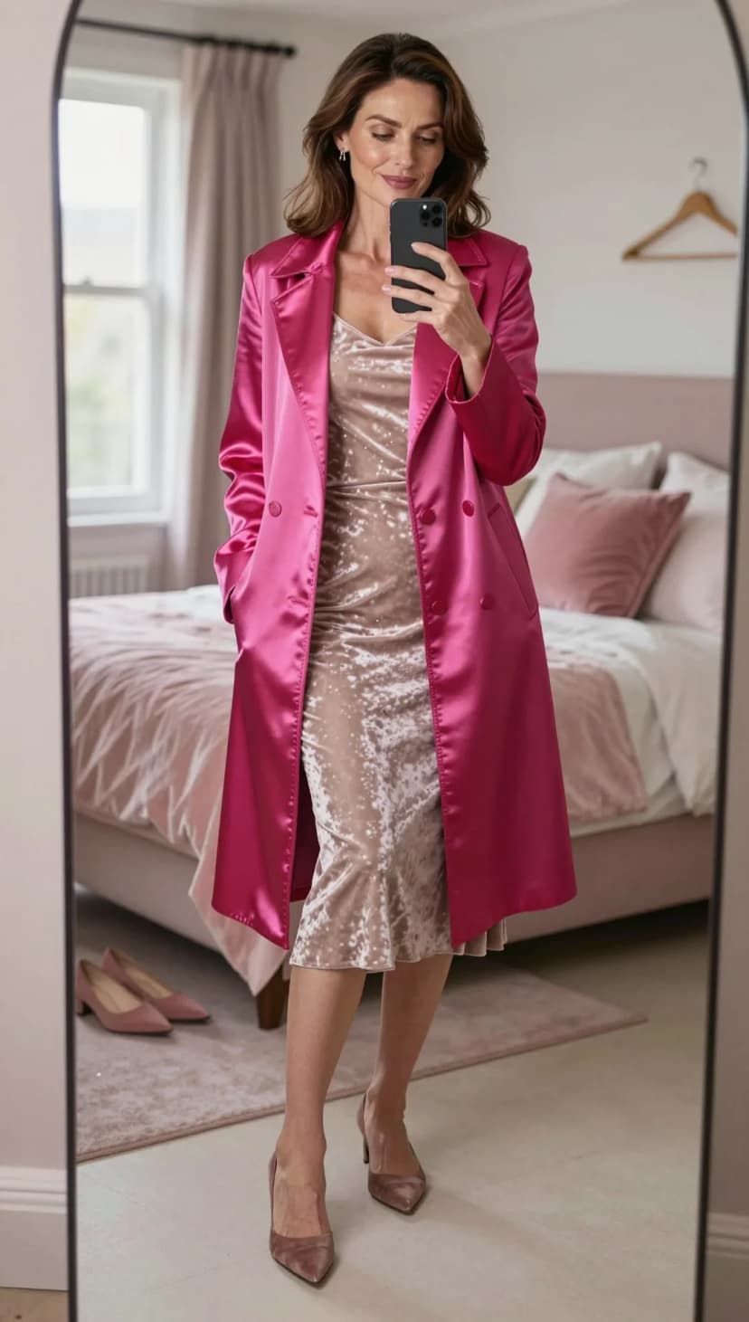 Hot Pink Satin Trench Coat + Champagne Velvet Slip Dress + Taupe Suede Pumps