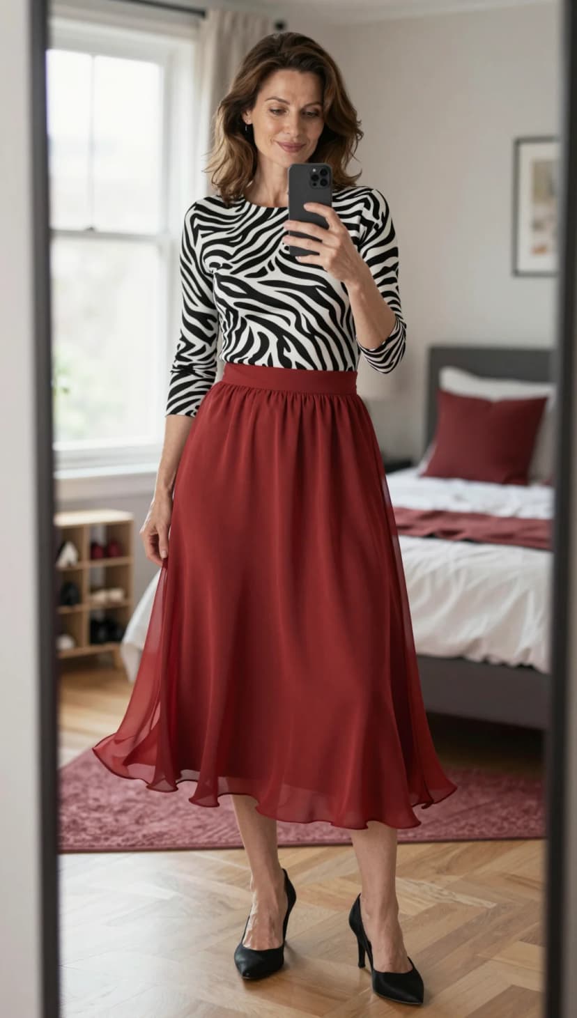 Black and White Zebra Print Long Sleeve Top + Red Chiffon Midi Skirt + Black Heels