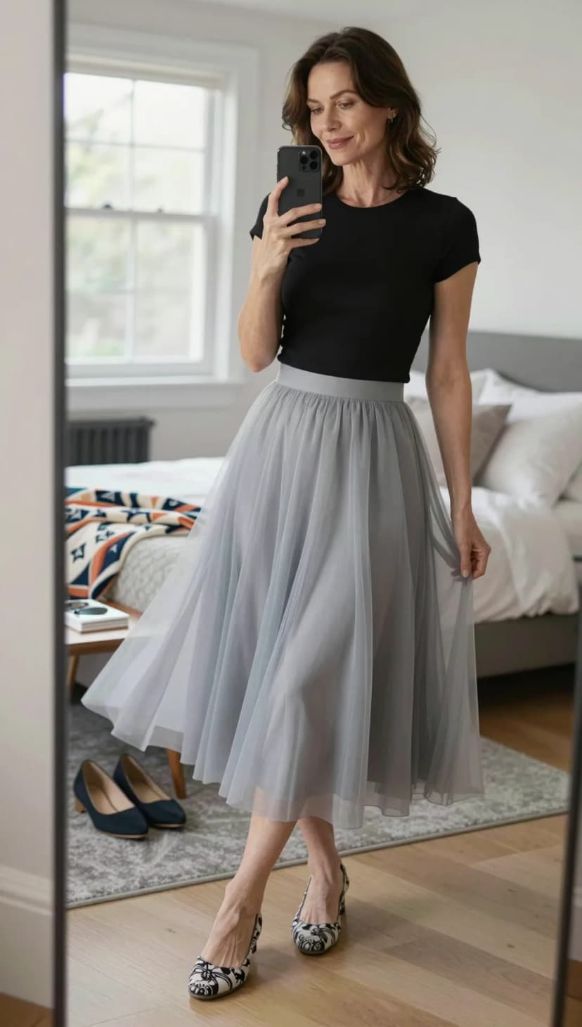 Black Ribbed Knit Top + Grey Tulle Midi Skirt + Black and White Print Heels