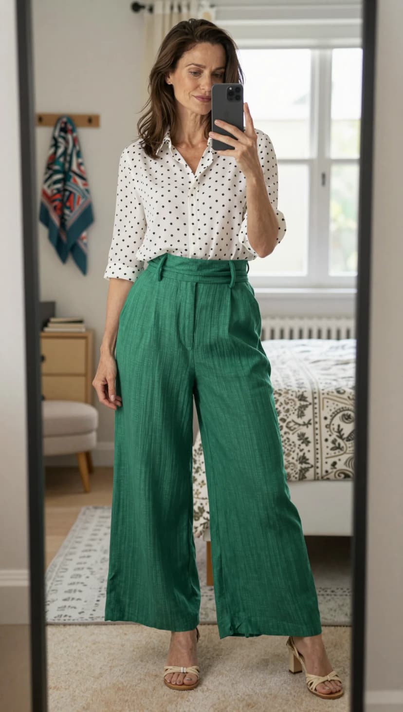 White Polka Dot Button-Down Shirt + Emerald Green Wide-Leg Trousers + Beige Strappy Heels
