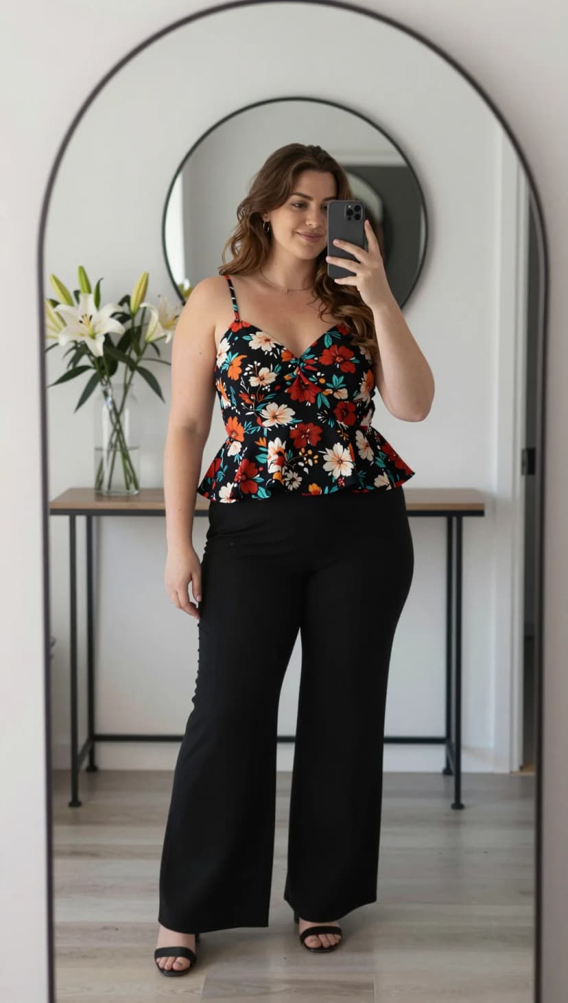 Black Wide-Leg Trousers + Black Floral Peplum Cami + Black Strappy Sandals