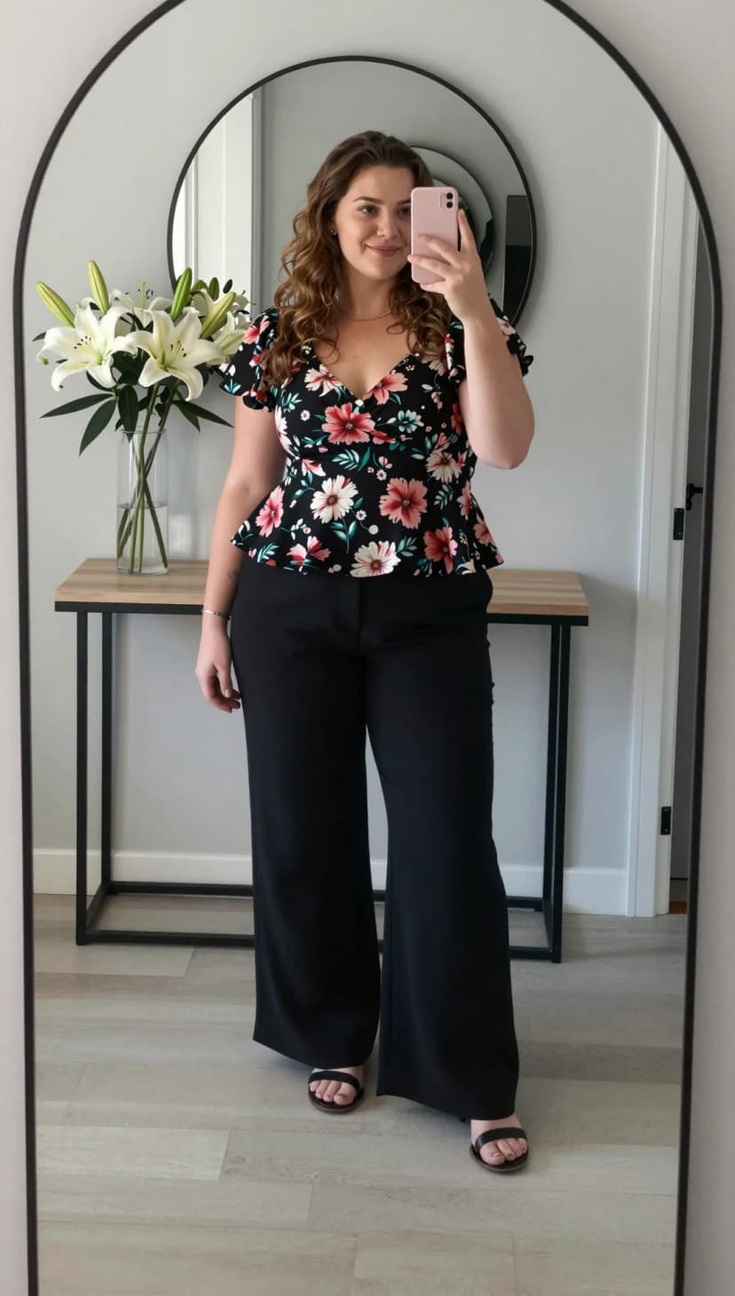 Black Wide-Leg Trousers + Black Floral Peplum Cami + Black Strappy Sandals