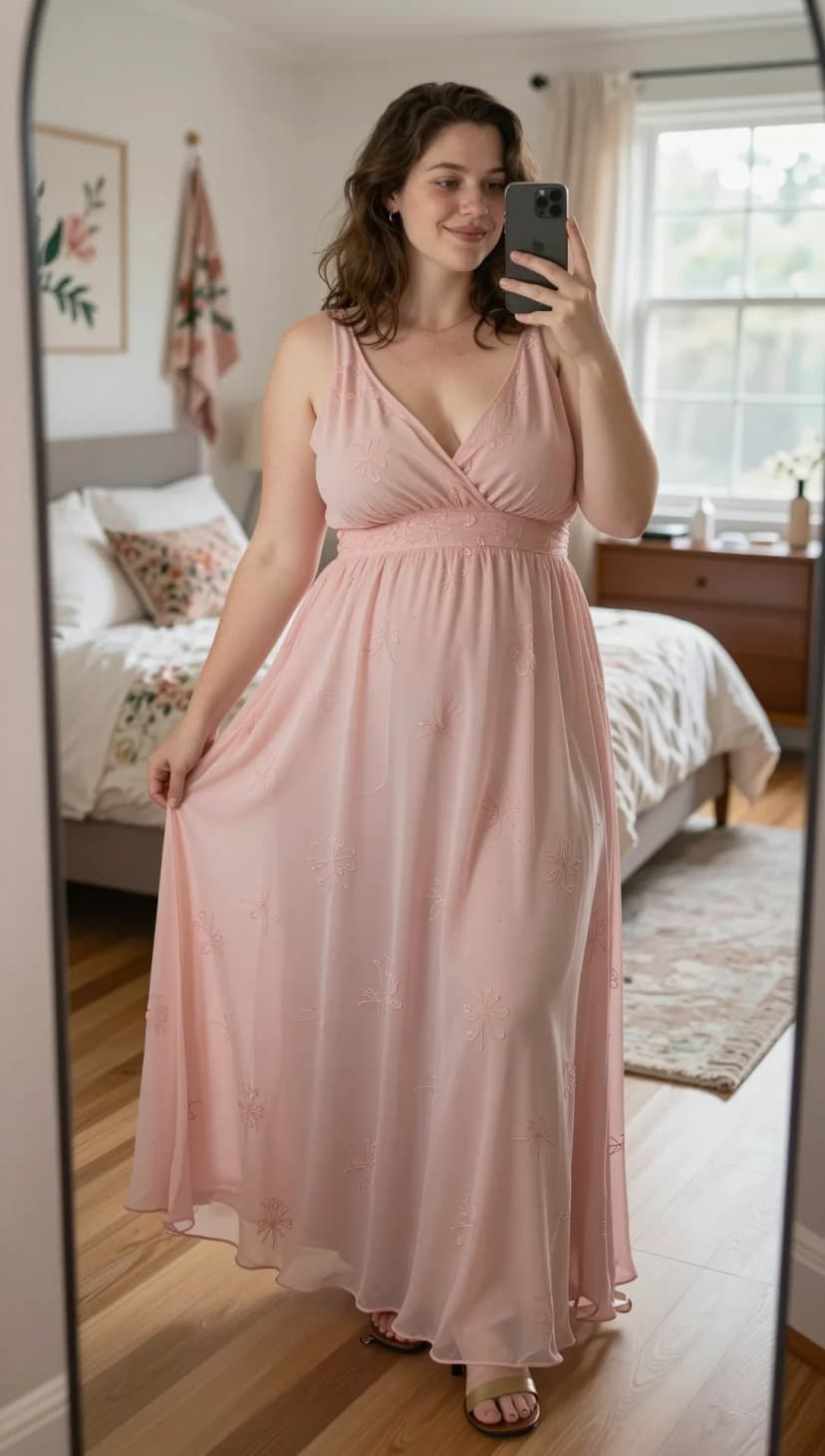 Pink Embroidered Chiffon Maxi Dress + Gold Block Heel Sandals