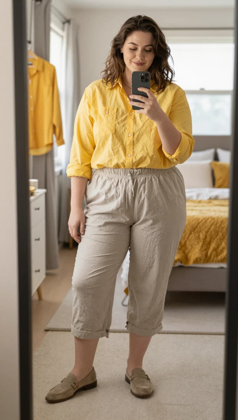 Yellow Linen Button-Down Shirt + Beige Linen Cropped Trousers + Taupe Suede Loafers