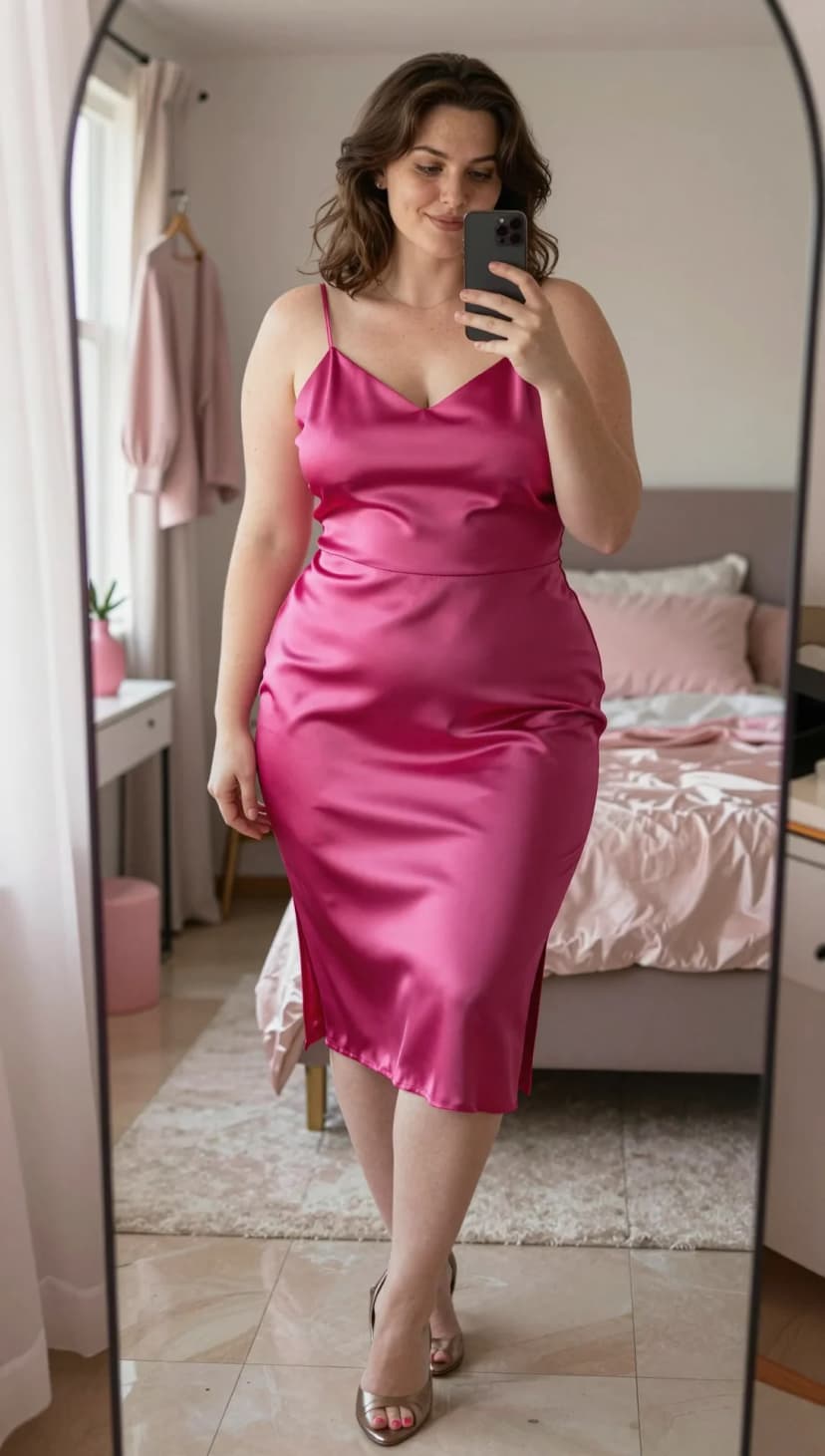 Fuchsia Satin Slip Dress + Metallic Gold Pointed Heels