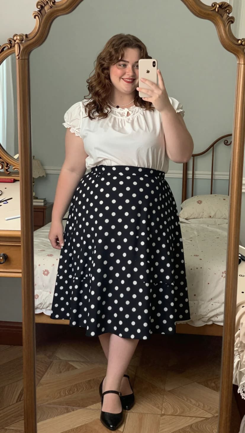 White Puff Sleeve Blouse + Yellow Polka Dot Midi Skirt + Tan Pointed Heels