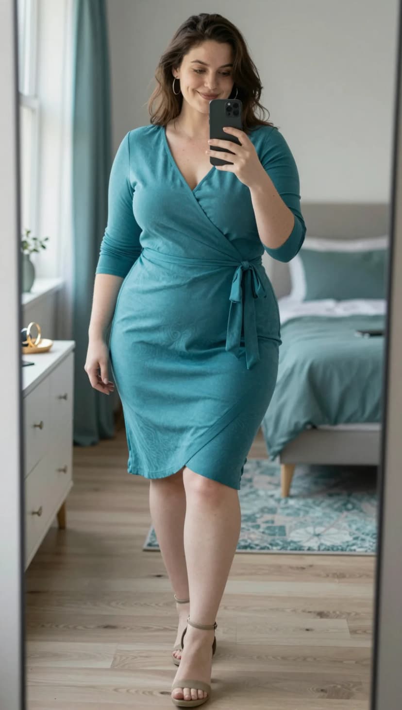 Teal Jersey Wrap Dress + Taupe Ankle Strap Heels