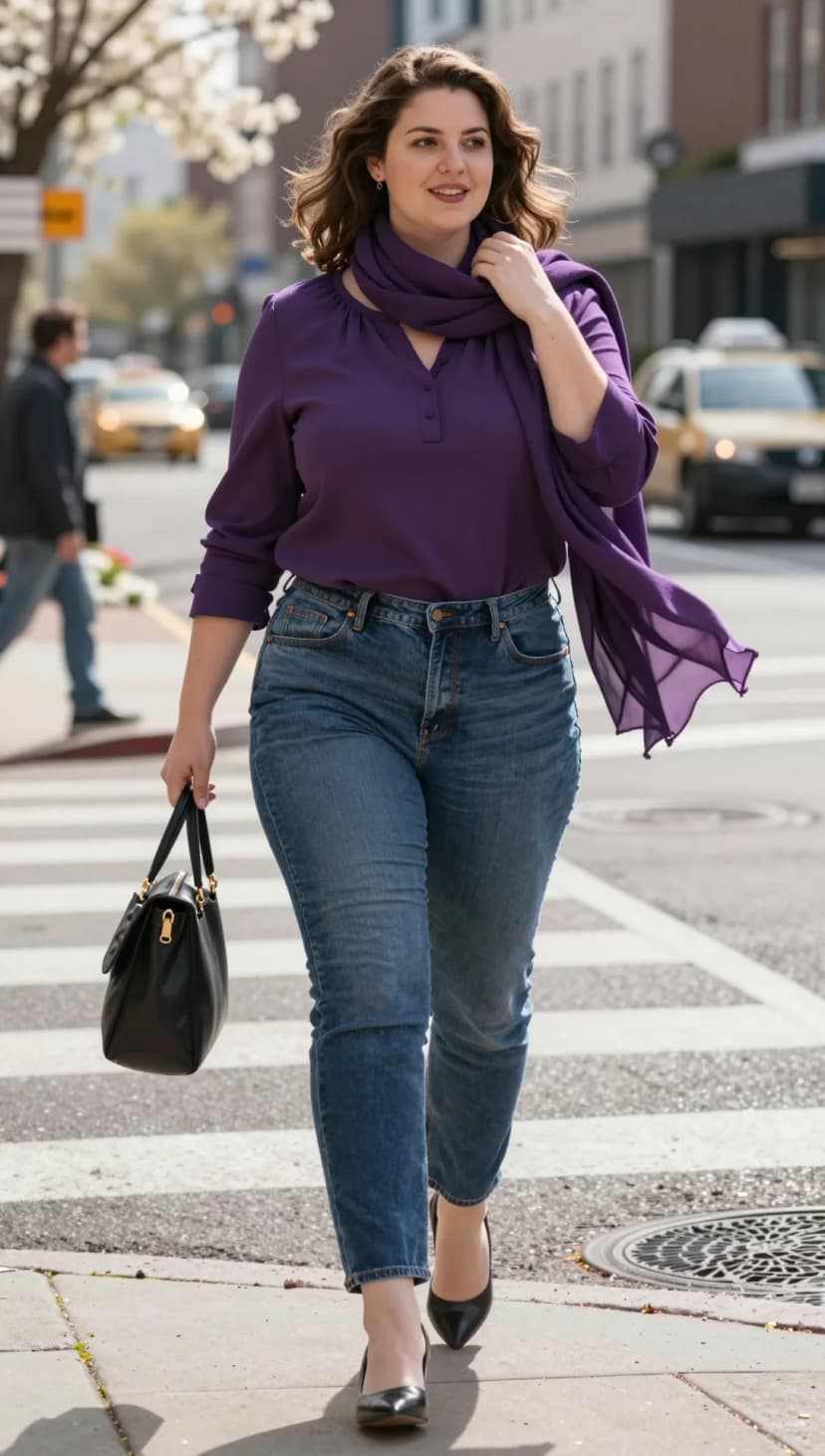 Purple Chiffon Blouse + Medium Wash Denim Jeans + Black Pumps