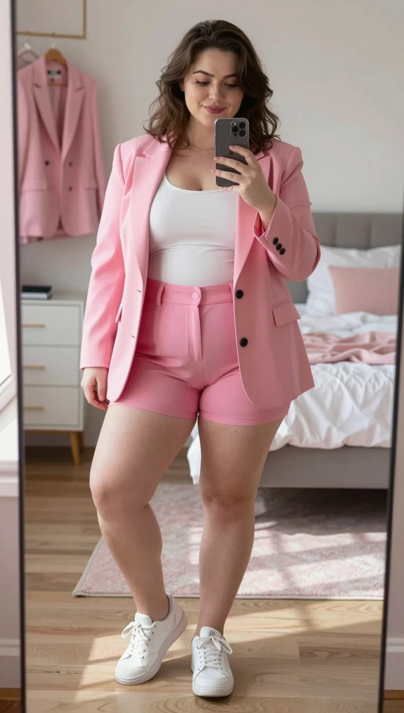 Pink Double-Breasted Blazer + Pink Tailored Shorts + White Tank Top + White Sneakers
