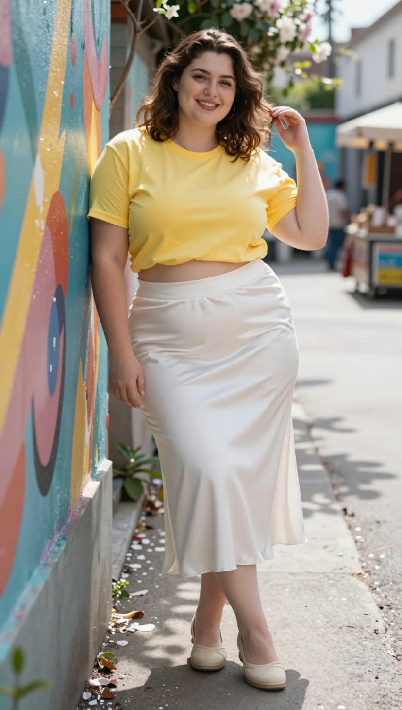 Yellow Cotton Tee + Ivory Satin Midi Skirt + Beige Espadrille Flats