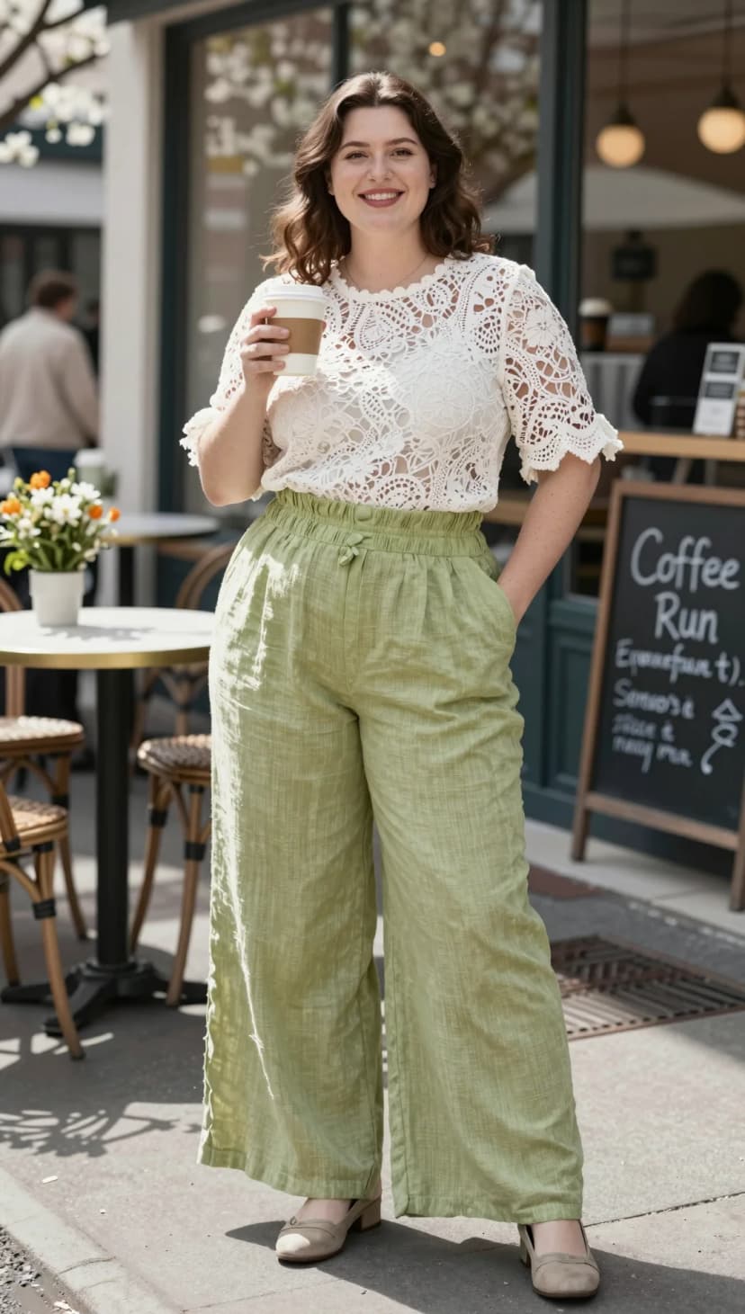 White Crochet Lace Top + Light Green Linen Wide-Leg Pants + Taupe Block Heel Mules