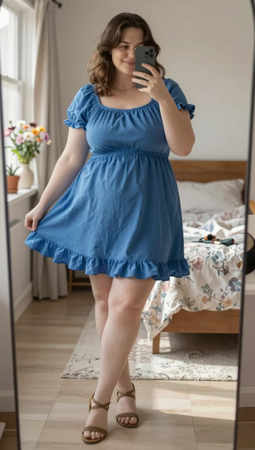 Blue Cotton Ruffle Mini Dress + Brown Suede Block Heels