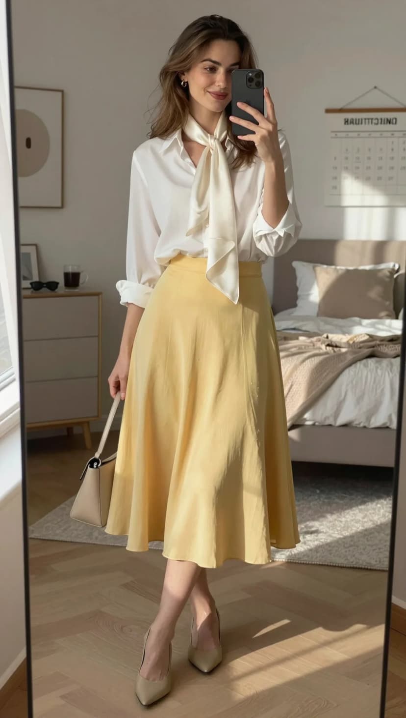 White Silk Button-Down + Yellow Linen Midi Skirt + Beige Leather Heels