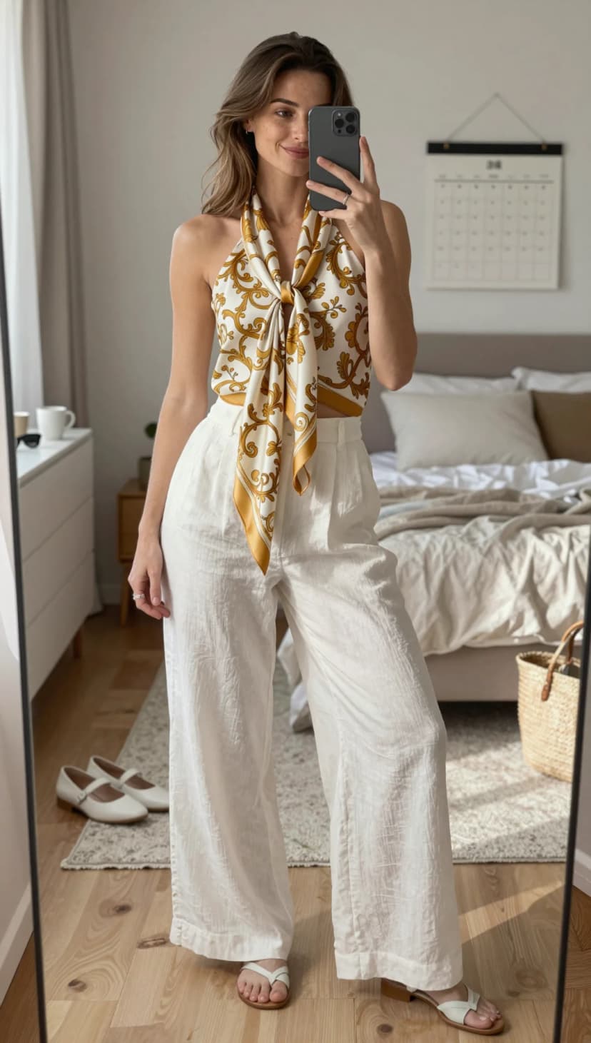 White Linen Wide-Leg Trousers + Gold and White Print Halter Top