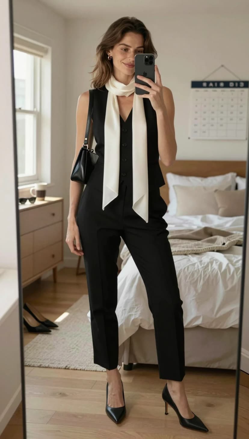 Black Sleeveless Vest + Black Tailored Trousers + Ivory Silk Scarf + Black Leather Pumps