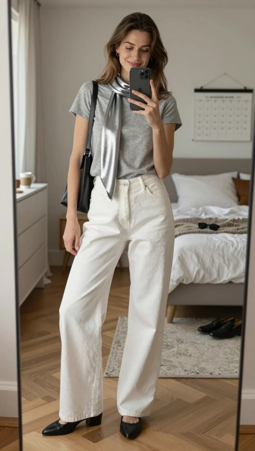 Grey Cotton T-Shirt + White Wide-Leg Jeans + Silver Metallic Scarf + Black Leather Heels