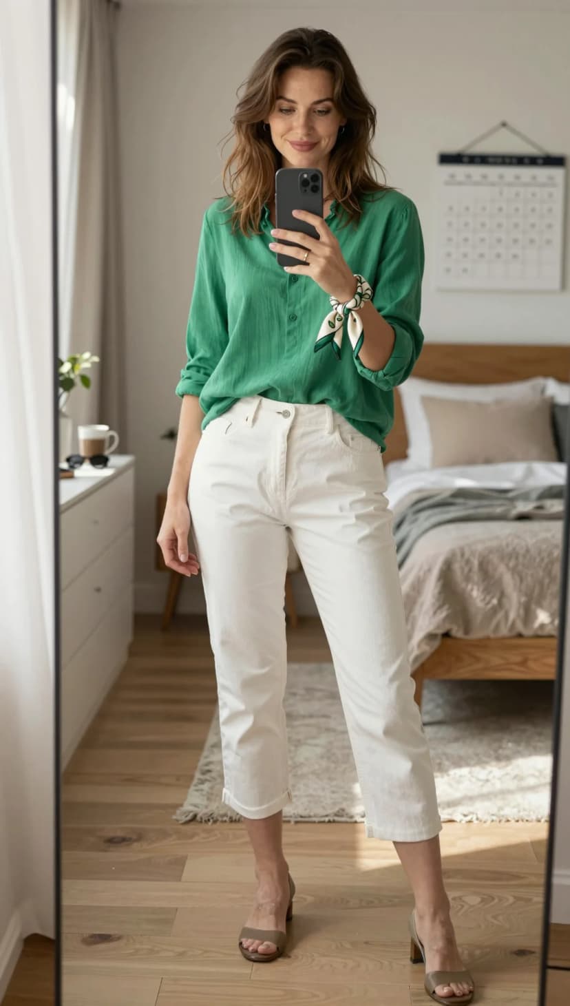 Green Linen Button-Down Shirt + White Denim Cropped Jeans + Taupe Block Heel Sandals