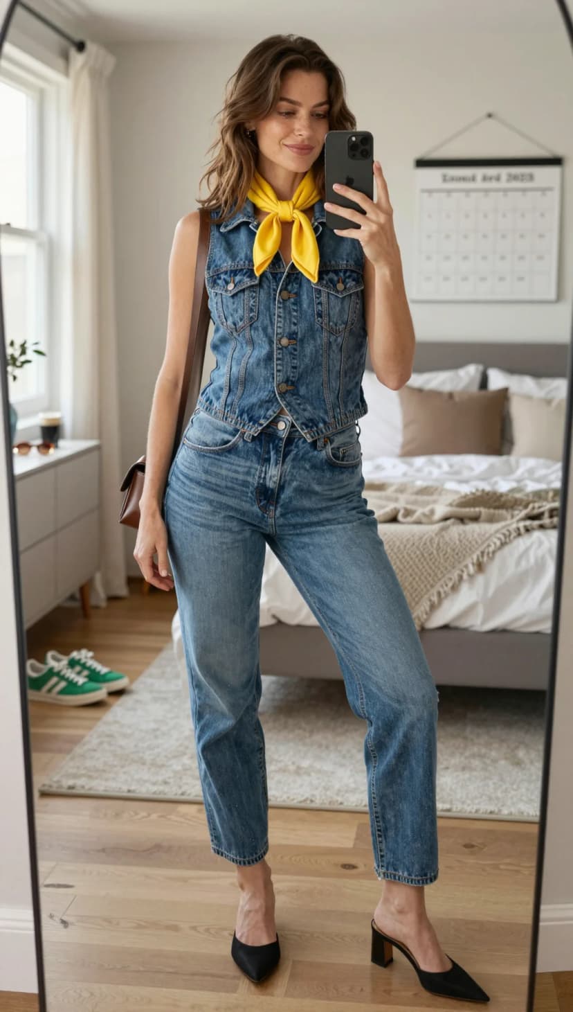 Blue Denim Vest + Blue Relaxed Fit Jeans + Yellow Silk Bandana