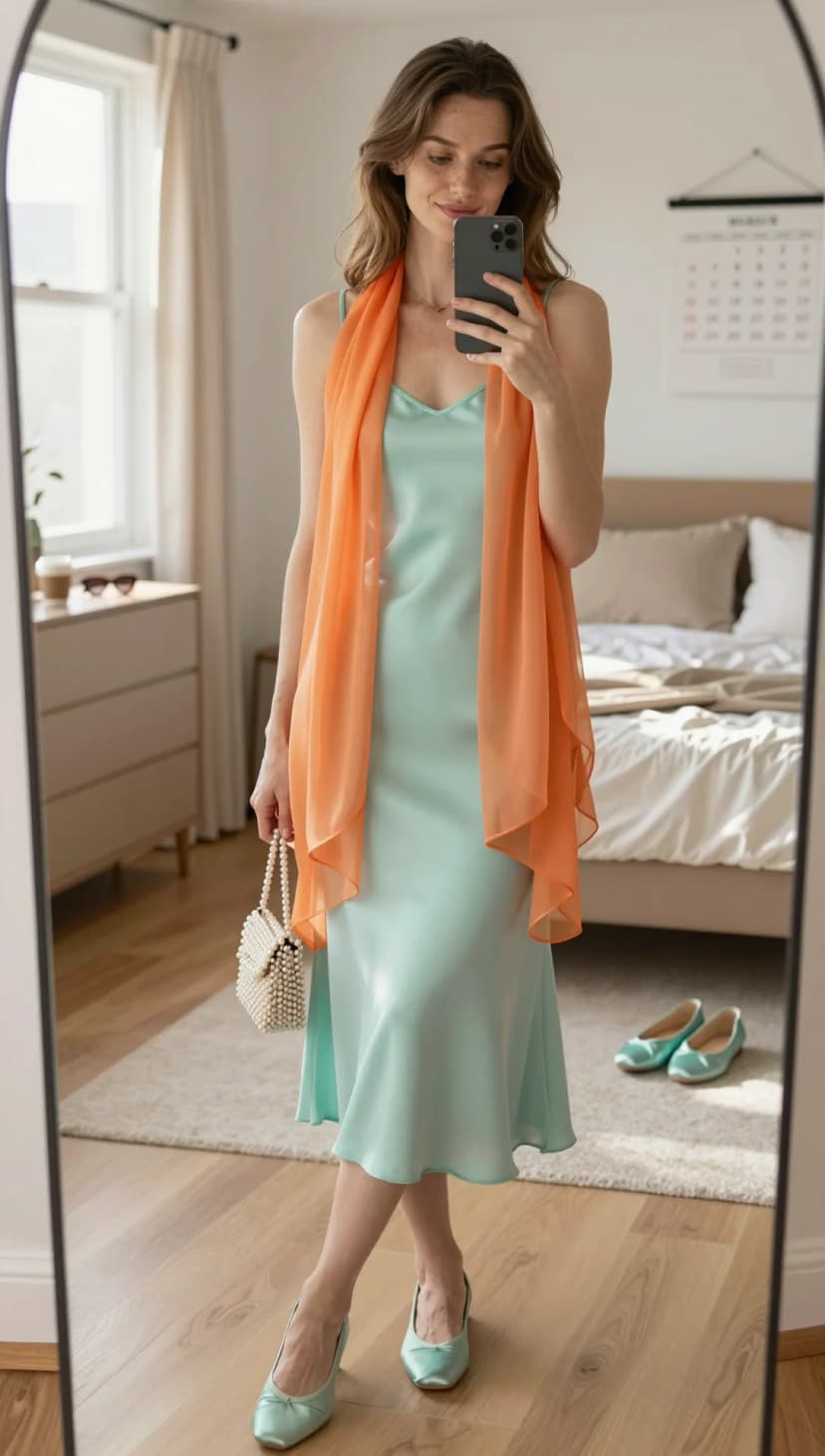 Mint Green Silk Slip Dress + Orange Chiffon Scarf + White Beaded Bag + Mint Green Satin Heels
